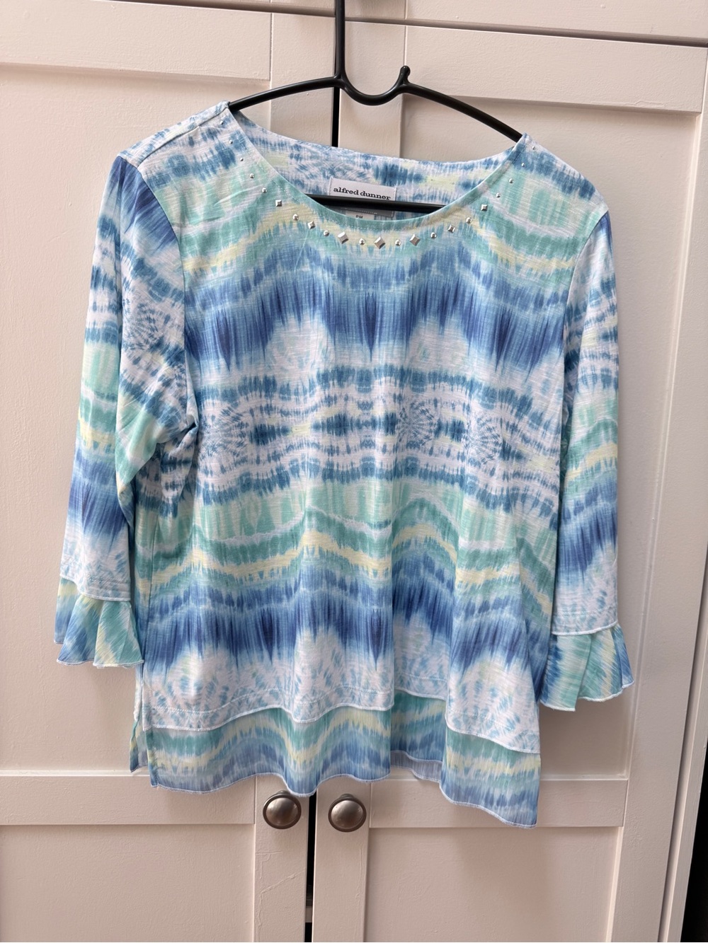 Alfred Dunner PM Petite Blue Green Watercolor Tie Dye Bling Top Never Worn